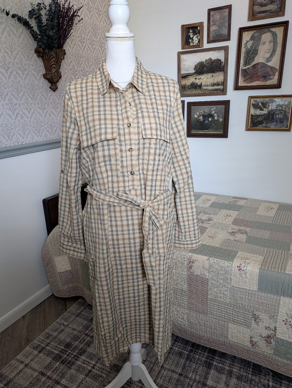 Inherit Plaid Shirt Dress L NWT Modest Prairie Cottagecore Kimberly Cotton